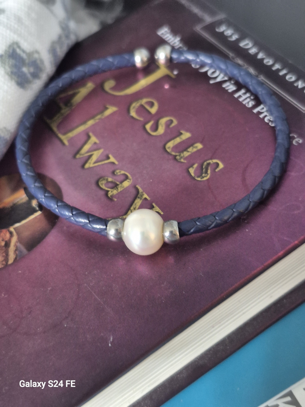 Braided Navy Leather Bracelet with Freshwater Pearl Accent